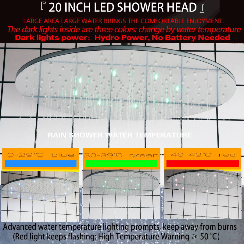 Brushed Nickel 20 LED Inch Thermostatic Modern Bathroom Rainfall Shower Faucets 3 Color Temperature Changing Shower Set