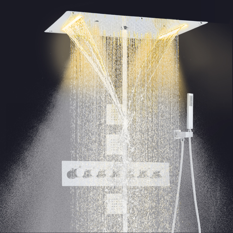 Thermostatic Rainfall Shower Head Chrome 700X380 MM LED Luxury Bathroom Waterfall Mist Rain Wall Mounted Shower Set
