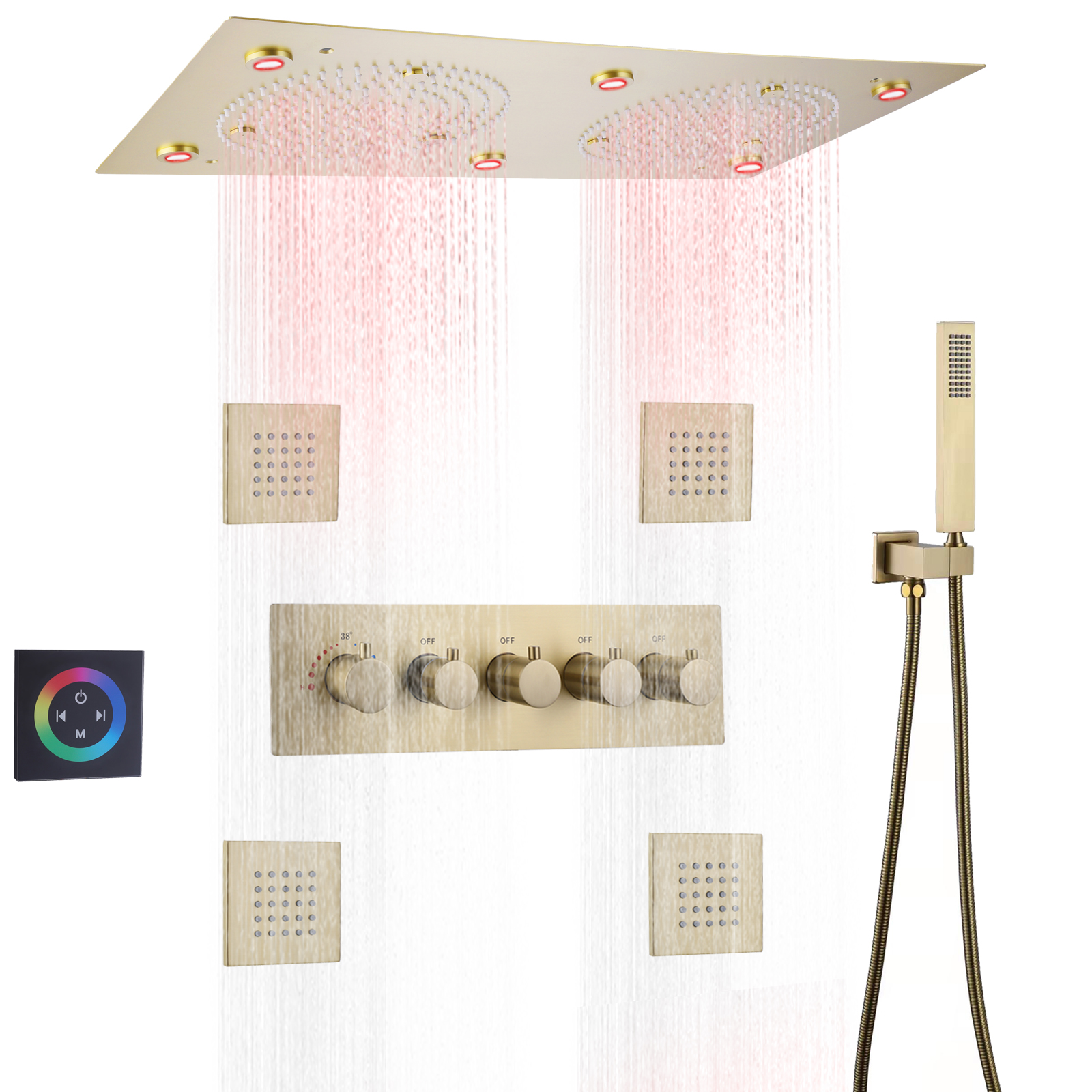 Bathroom LED Thermostatic Brushed Gold Wall-Mounted Double Bibcock Rain Mist Hydro Jet Massage