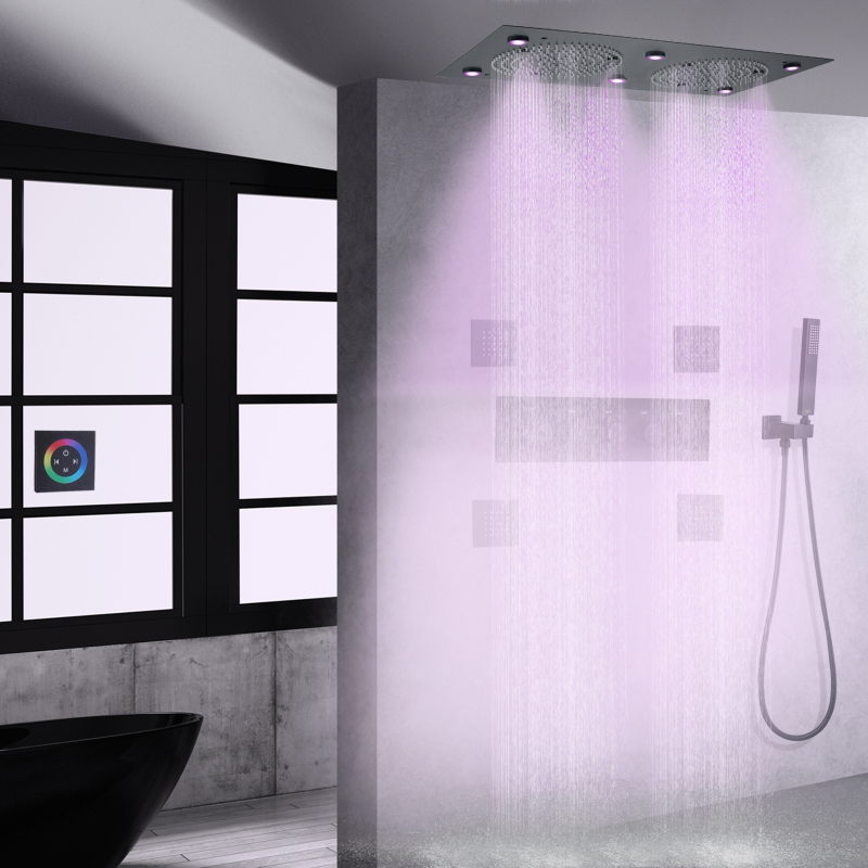 Matte Black Thermostatic Bath Shower Set 24*12 Inch LED Bathroom Shower Rainfall Concealed Shower System With Handheld