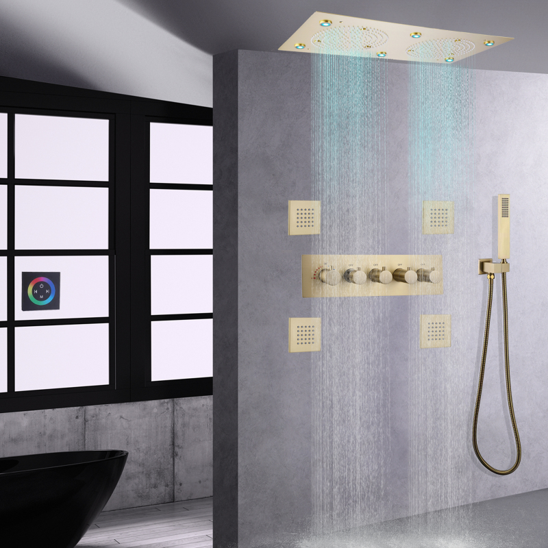 Brushed Gold Thermostatic Shower Mixer Set 620*320 MM LED Bathroom Rainfall Concealed Shower System With Handheld