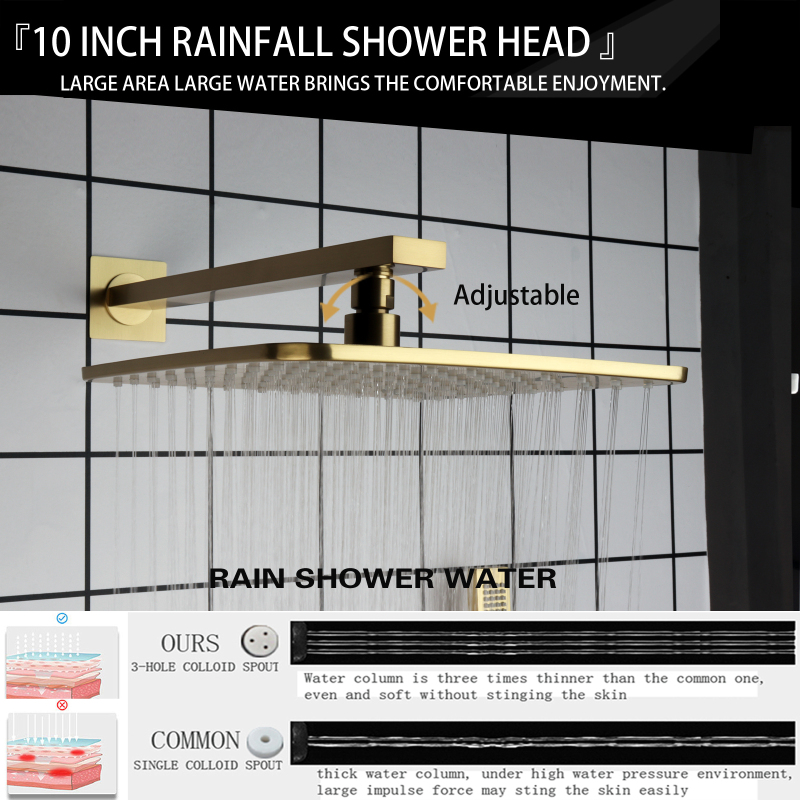 Brushed Gold Thermostatic Rainfall Shower System 10 Inch Bathroom Gold Luxurious Modern Shower Set With Bathtub Spout