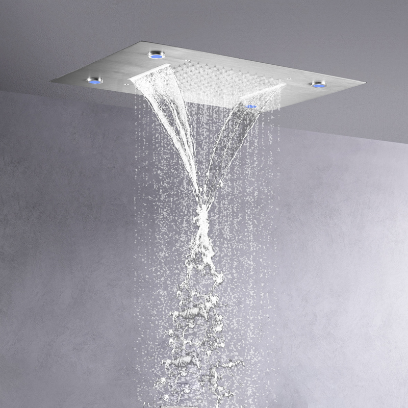 Brushed Nickel Shower Faucets 50X36 CM LED Bathroom Bifunctional Waterfall Rainfall With 3 Color Temperature Changing