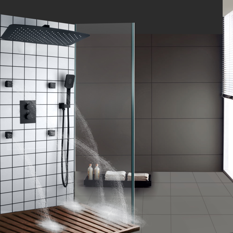 Matte Black Shower Mixer Set 55X35 CM Bathroom Thermostatic Rainfall Shower Head With Exhaust Holes