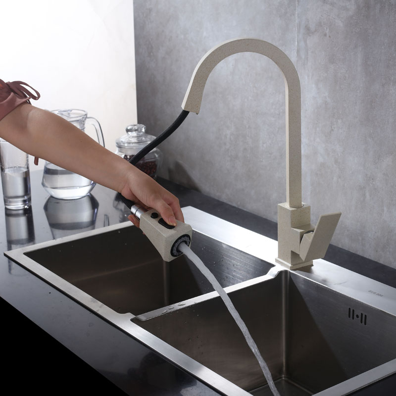 Oatmeal Color Contemporary Luxury Basin Sink Kitchen Faucets Bifunctional Pull Out Single Handle