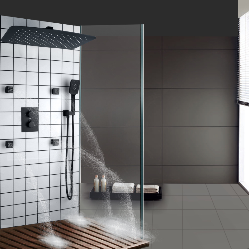 Matte Black Thermostatic Quality Bathroom Shower System Rainfall Mixer Douche Massage Shower Faucet Set