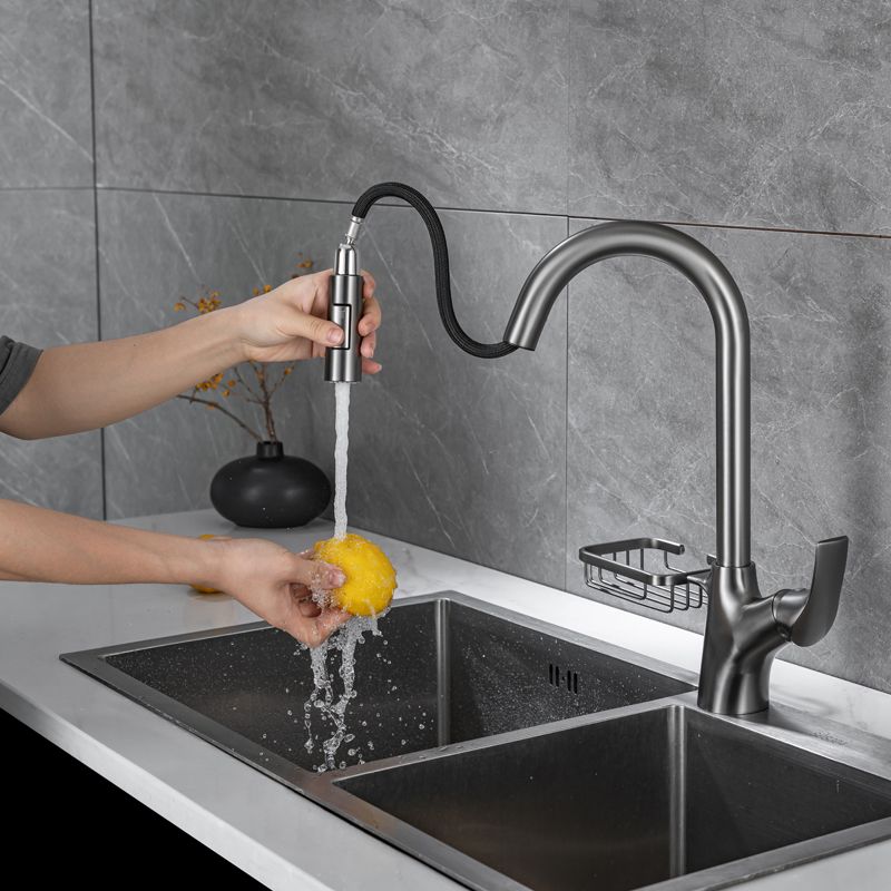 Gun Gray Luxury Contemporary Basin Sink Kitchen Faucet Pull Out Multifunctional Single Handle