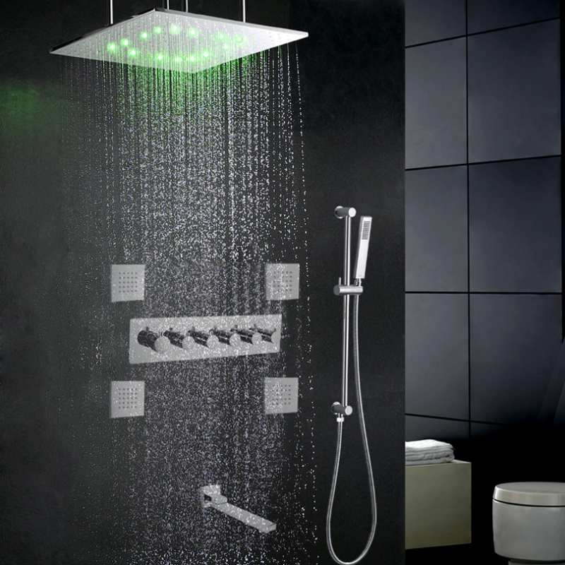 Chrome Polished Thermostatic Bath Shower Set 20 Inch Shower Atomizing Rain LED Spa Ceiling Mounted Shower System
