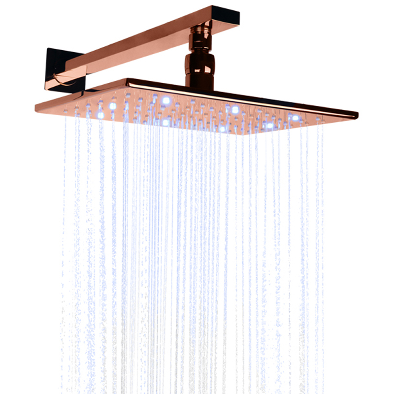 Rose Gold 28X18CM Bathroom Shower Head LED 3 Color Temperature Changing Wall Mount Shower Rainfall