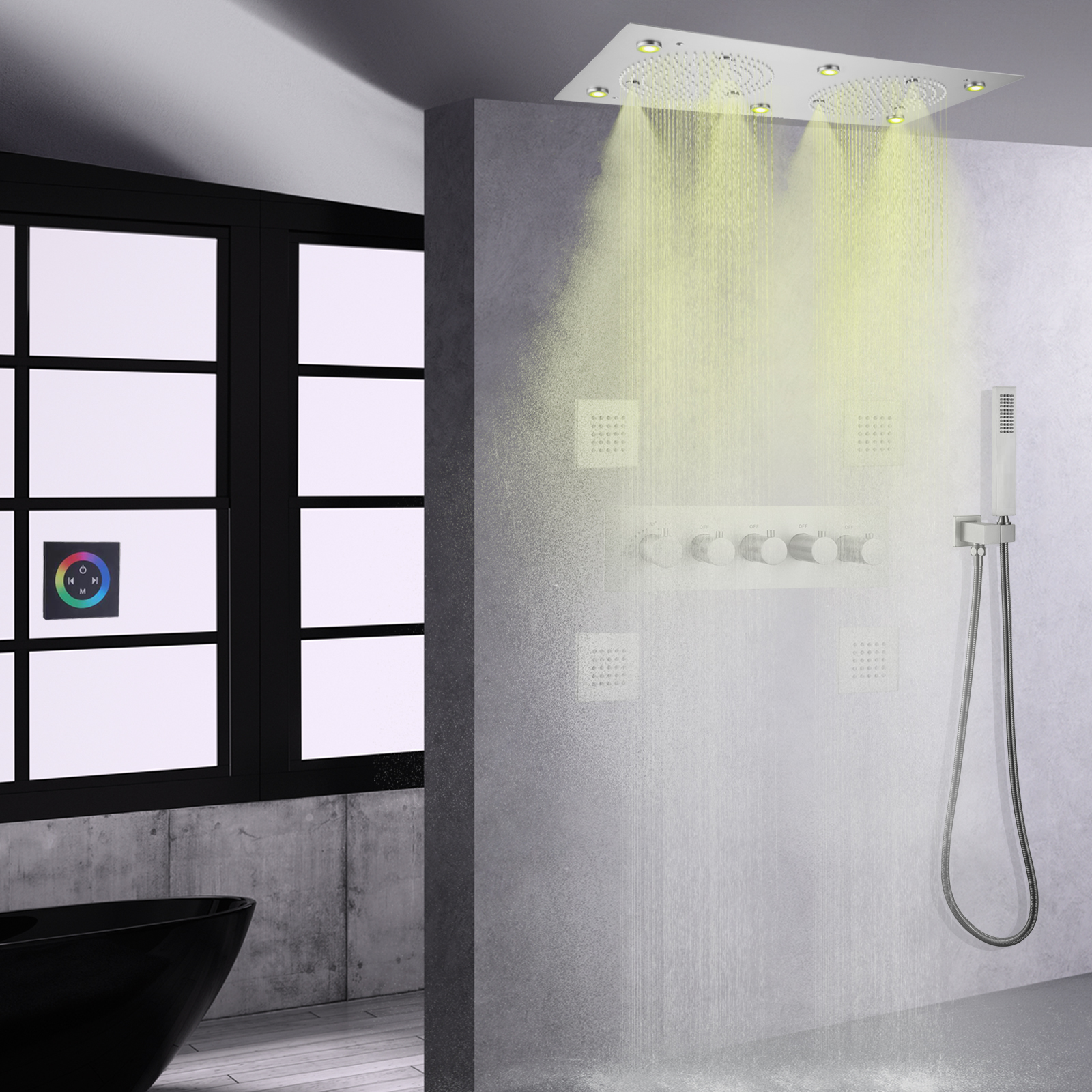 Brushed Nickel Thermostatic Rainfall Shower System LED Bathroom Faucet Accessories Shower Set