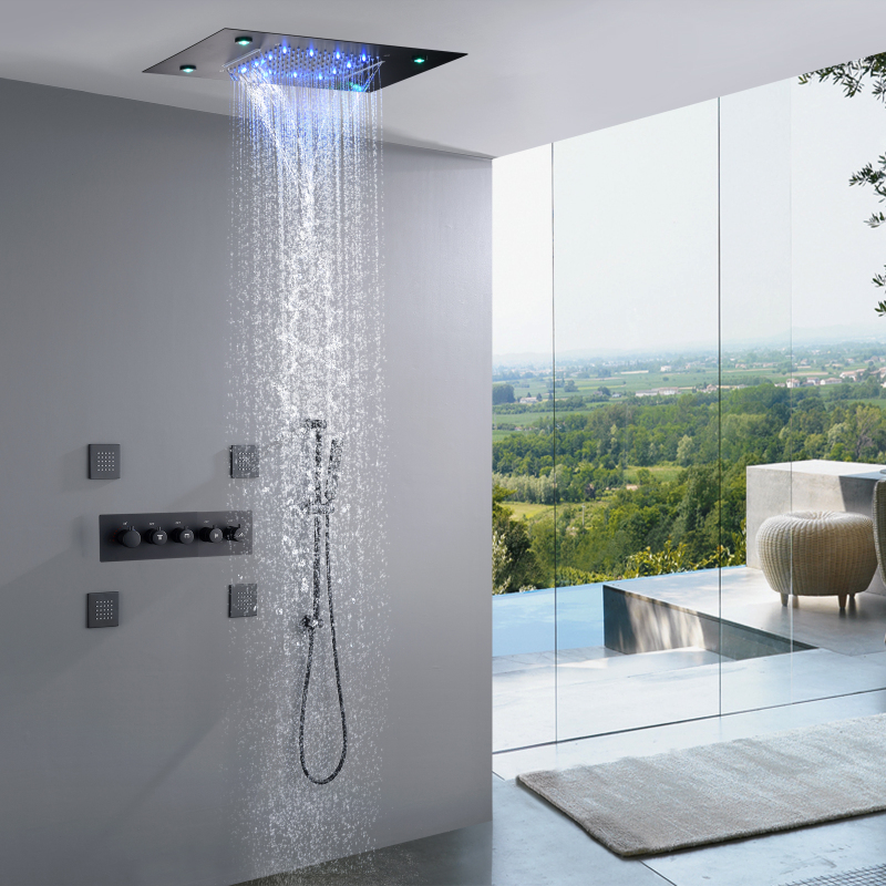 Matte Black Bath & Shower Faucets LED Thermostatic Shower Set 14 X 20 Inch Waterfall And Rain Shower Head System