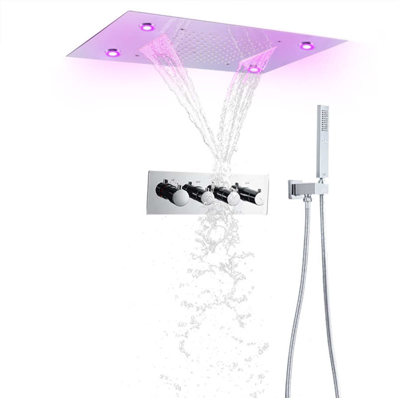 Chrome Multifunction Colorful LED Shower Head System Waterfall Rainfall Thermostatic Shower Faucet Set