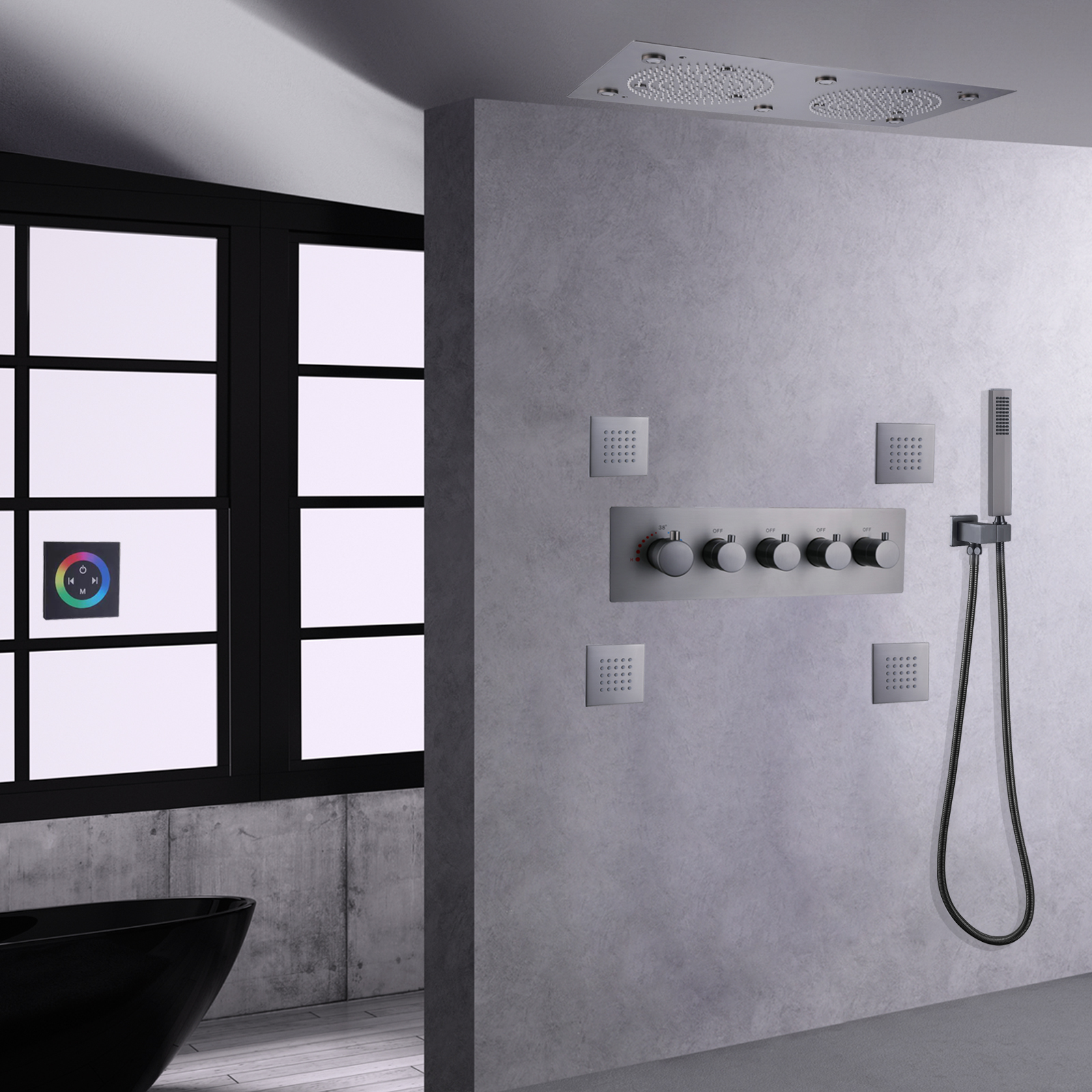 Gun Gray Shower System 7 Colorful LED Bathroom Thermostatic Bath Rain Mist Douche Shower Mixer SPA