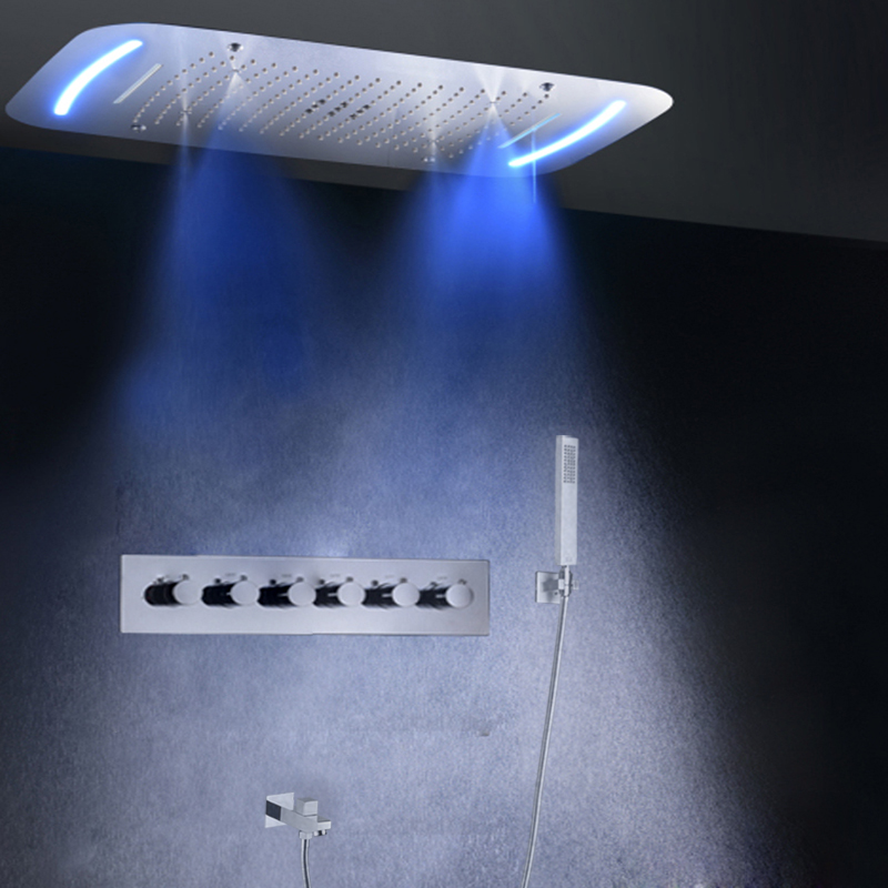 Rectangular Thermostatic Multi-Functions Waterfall Rainfall Shower Head Embed Ceiling LED light Bathroom Shower faucet