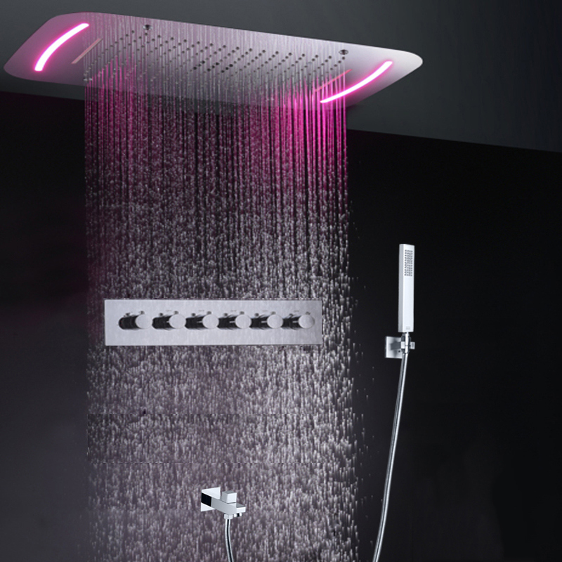 Rectangular Thermostatic Multi-Functions Waterfall Rainfall Shower Head Embed Ceiling LED light Bathroom Shower faucet