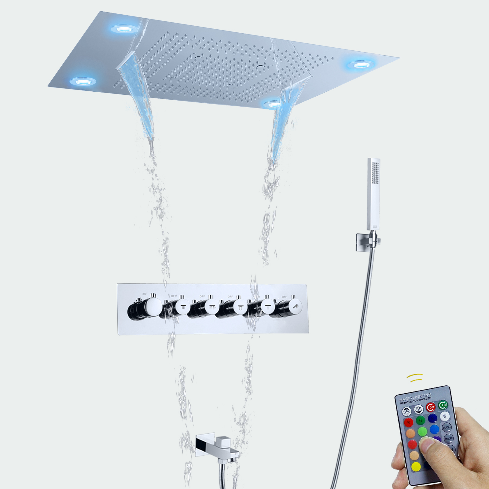 Luxury Large LED Rain Shower Head 800*600MM Chrome 5 Ways Massage Waterfall Thermostatic Rainfall Shower Set