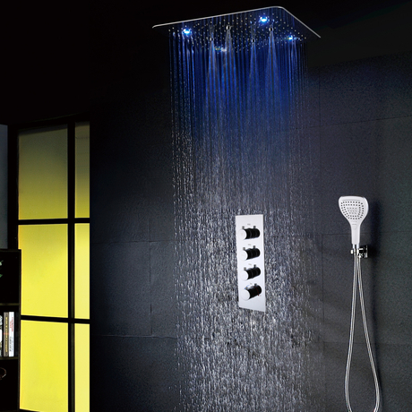 Chrome Polished Led Shower Head 500x500mm Ceiling Mounted Rainfall Mist Thermostatic Led Shower Set System