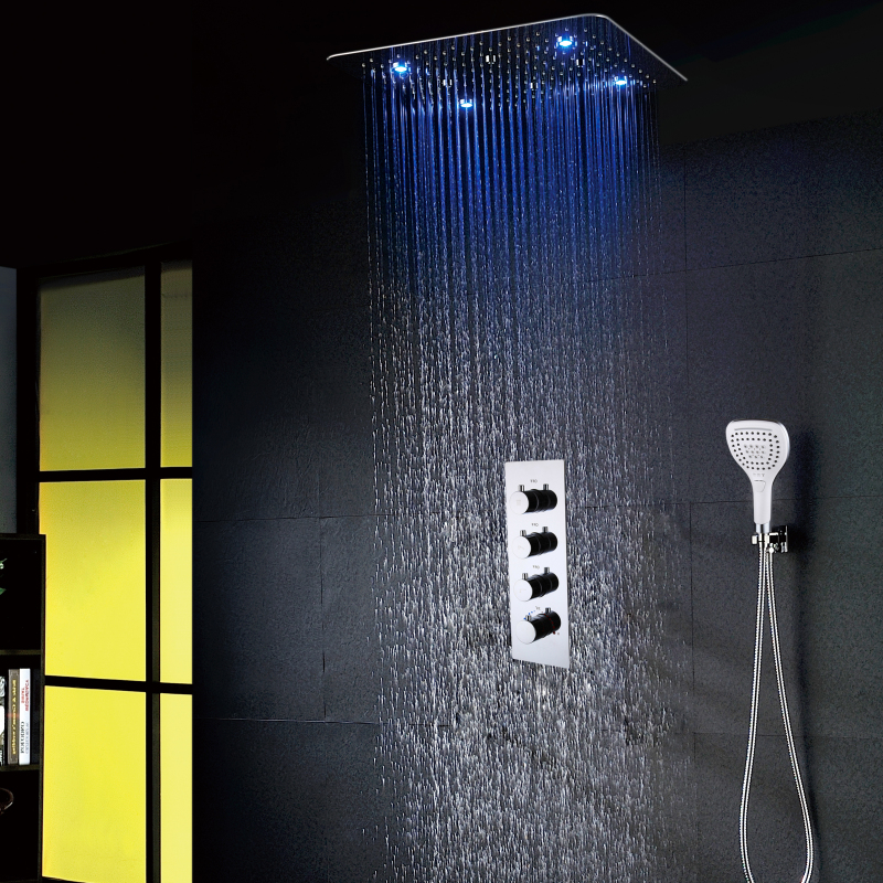 Chrome Polished 50*50cm Wall Mounted Thermostatic Bathroom LED Shower Faucet Stainless Steel Shower Set