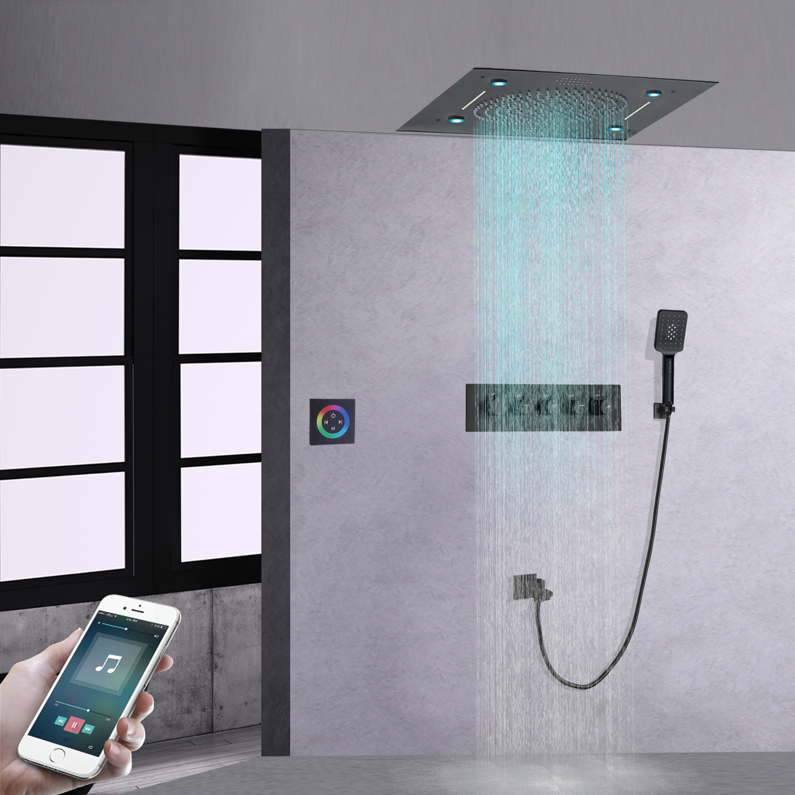 Thermostatic Bathroom 24 Inch Shower Set Concealed Ceiling Rainfall 304sus Waterfall Music LED Shower Head For Massaging Set