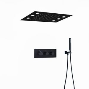 Matt Black 360x500 MM LED Ceiling Rainfall Shower Head Ceiling Recessed Thermostatic Two Functions Shower Mixer Set