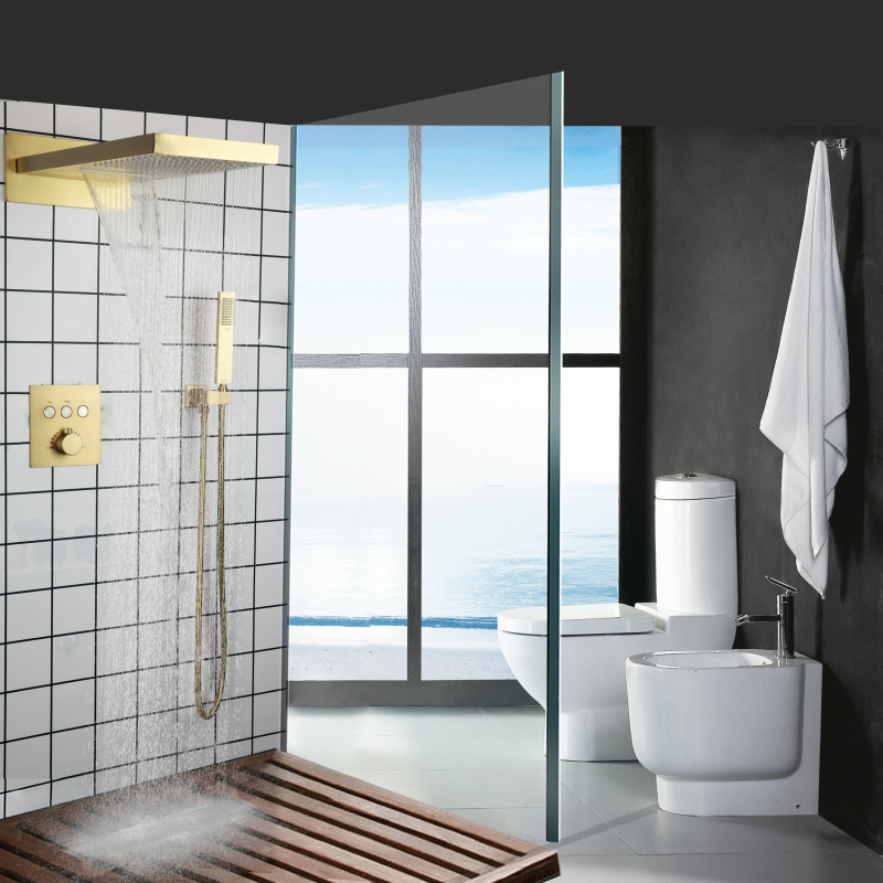 Brushed Gold Shower Faucet Set Ceiling Mounted 50X23CM Temperature Shower Head