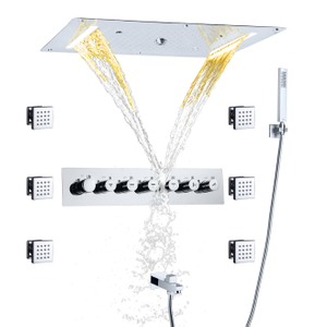 Chrome Polished Temperature Shower Faucet Set LED Bathroom Hydro Jet Mist Rain Brass Handheld