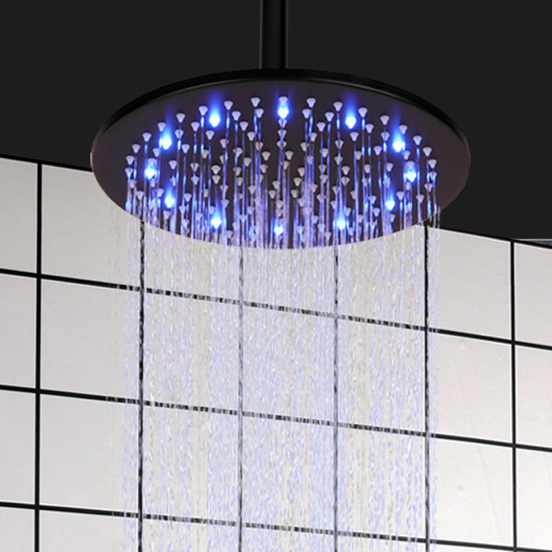Matte Black 25X25CM Shower Head LED 3 Color Temperature Changing Bathroom Hoisting Shower Rainfall