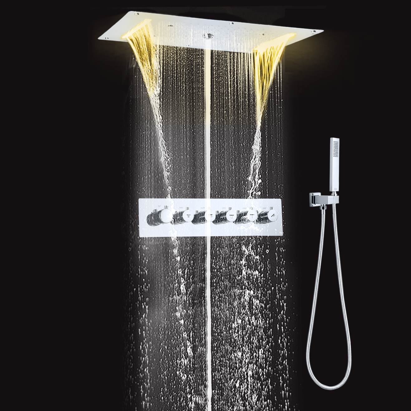 700X380MM SUS 304 Ceiling Mounted SPA Bathroom LED Thermostatic Mist Spray Waterfall Rainfall Shower Head Set