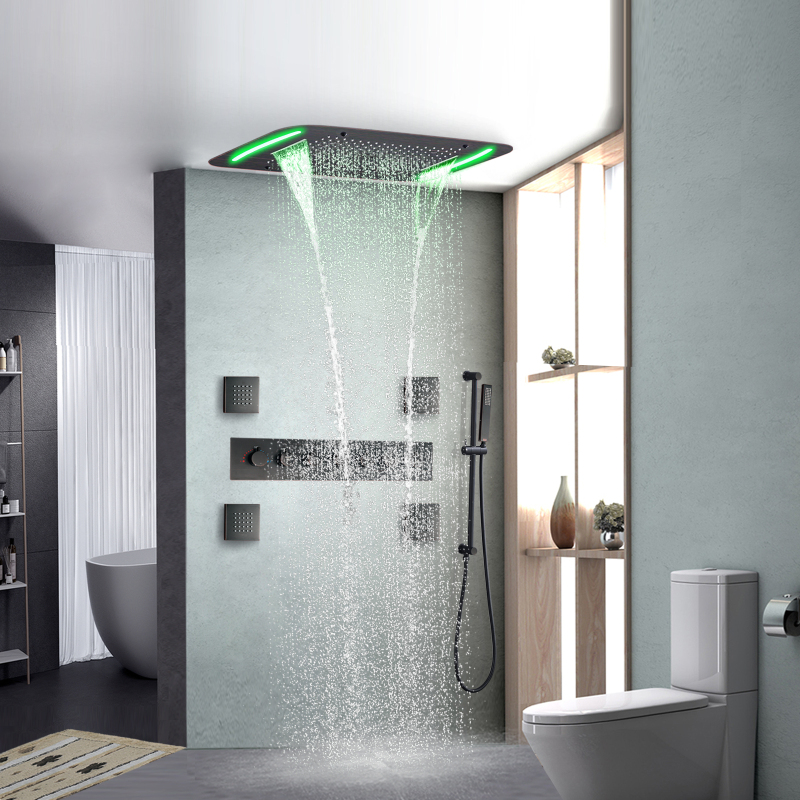Oil Rubbed Bronze Thermostatic Shower Faucet 71X43 CM Luxury Bathroom LED Massage Rainfall Spray Shower Set