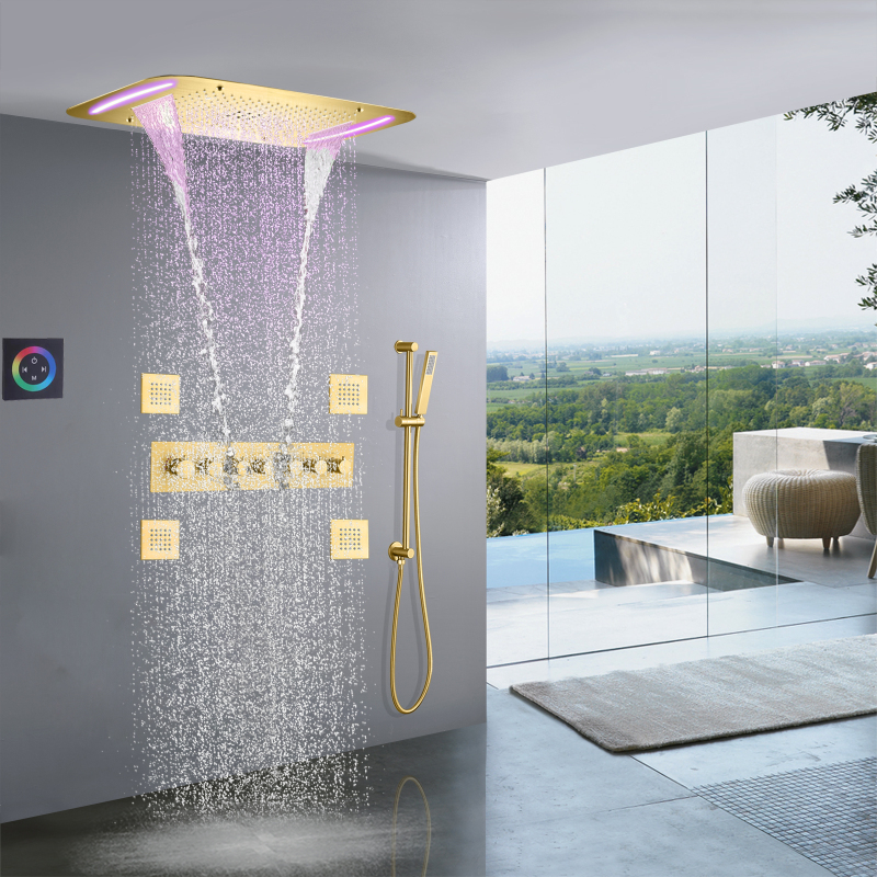 Luxury Brushed Gold Thermostatic Shower Faucet 710X430 MM LED Bathroom Rainfall Concealed Shower Head Set