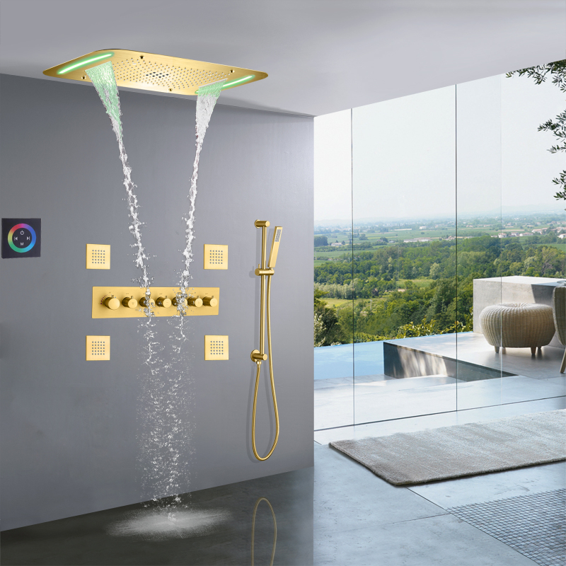 Brushed Gold Bath Shower 71X43 CM LED Bathroom Luxury High Flow Shower Thermostatic Rainfall Concealed Shower System