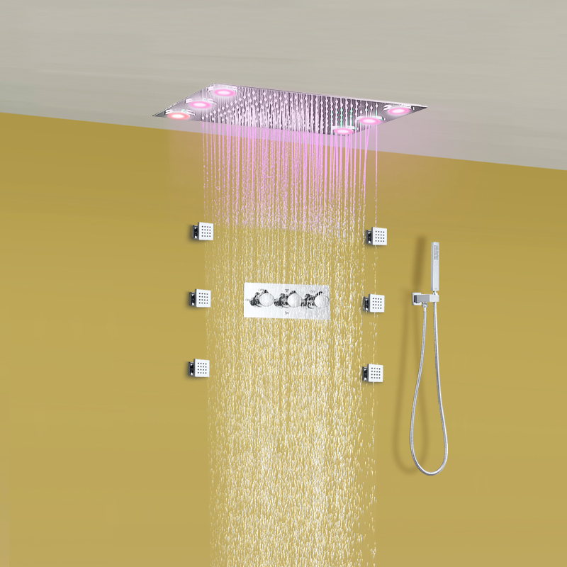 Recessed rainfall shower head led square shower set 6 body jets 304 stainless steel bath accessories hand shower