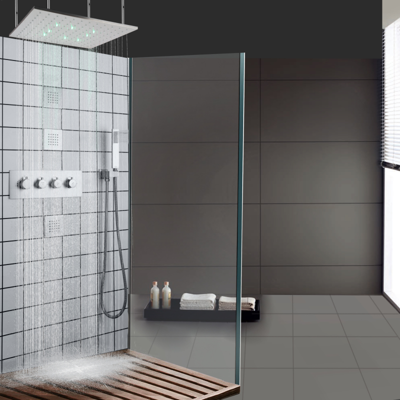 Brushed Nickel Thermostatic Shower Mixer 20 Inch LED Bathroom Rainfall Concealed Shower System With Hand Shower
