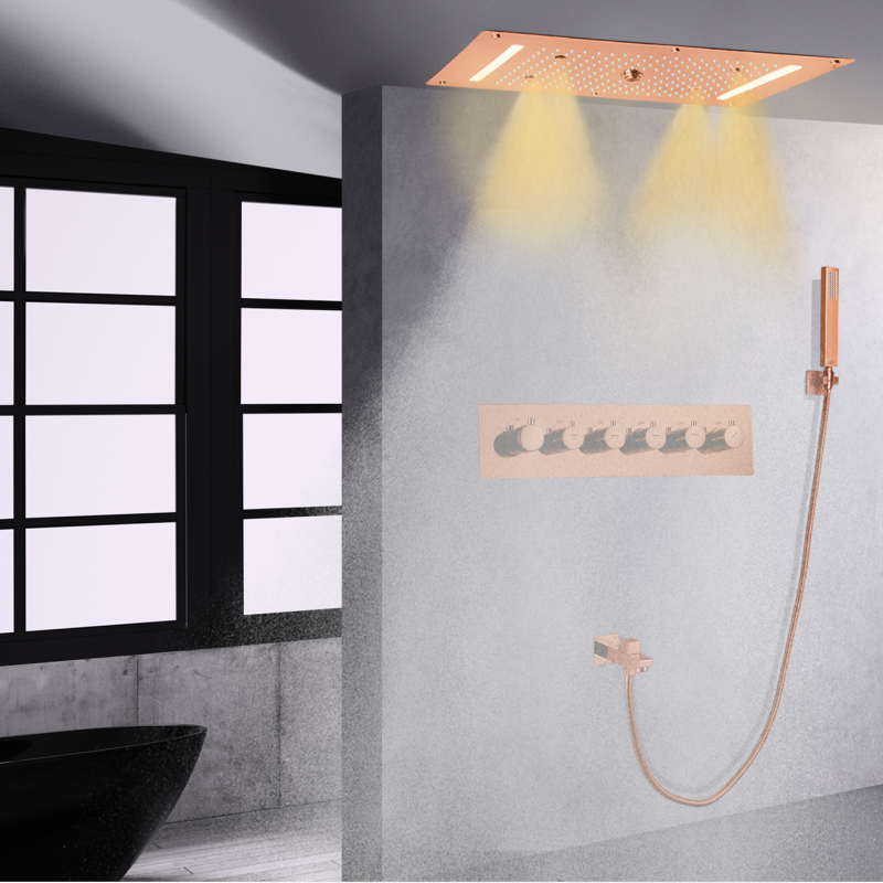 700X380 MM Ceiling Rain LED Shower Head With Handheld Spray Conceal Thermostatic Rose Gold Bath Shower Set