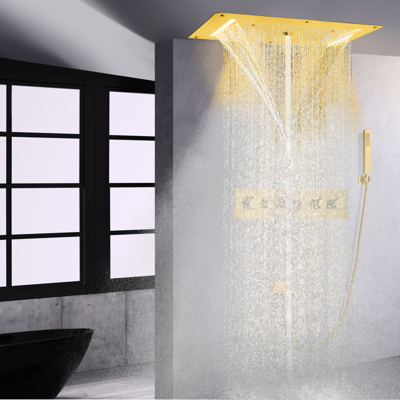 Thermostatic Brushed Gold Bathtub Shower Faucet System 700X380 MM LED Bathroom Shower Head With Handheld Spray