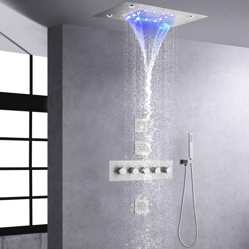 Brushed Nickel Rain Shower Head With Handheld Spray Thermostatic 14 X 20 Inch LED Waterfall And Rain Shower System