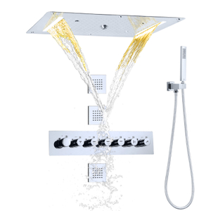 700X380 MM Chrome Polished Bath Thermostatic Shower System Ceiling Shower Head LED Waterfall Spray Rainfall