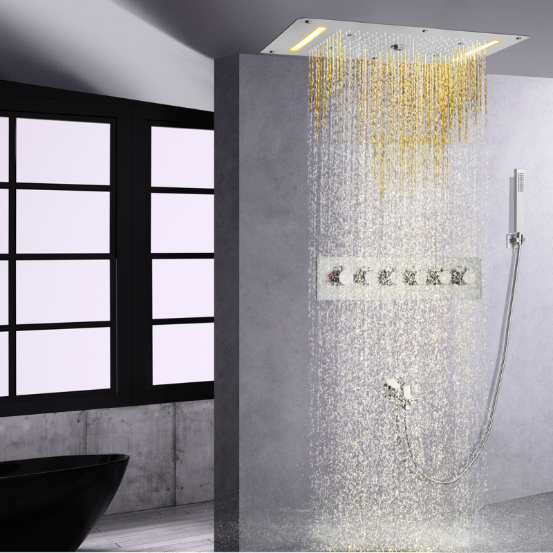 Large High Flow Thermostatic Bath Shower Faucet Set Brushed Nickel LED Waterfall Spray Rains Shower Faucets With Hand Hold