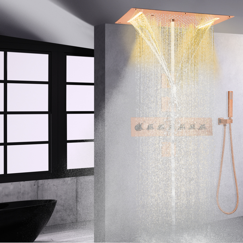 Thermostatic Rose Gold LED Rainfall Shower System Bathroom Rainfall Panel Waterfall Shower Hydro Massage