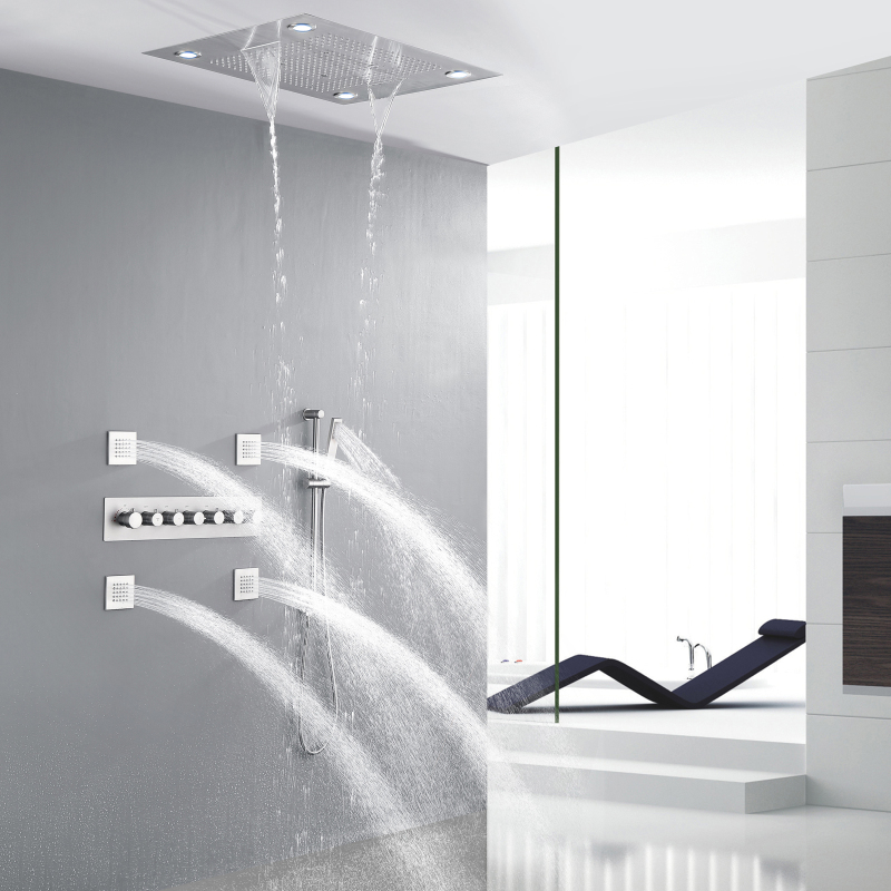 Brushed Nickel Shower Faucet LED Bathroom Thermostatic Shower Set With Body Jets Rainfall Shower System