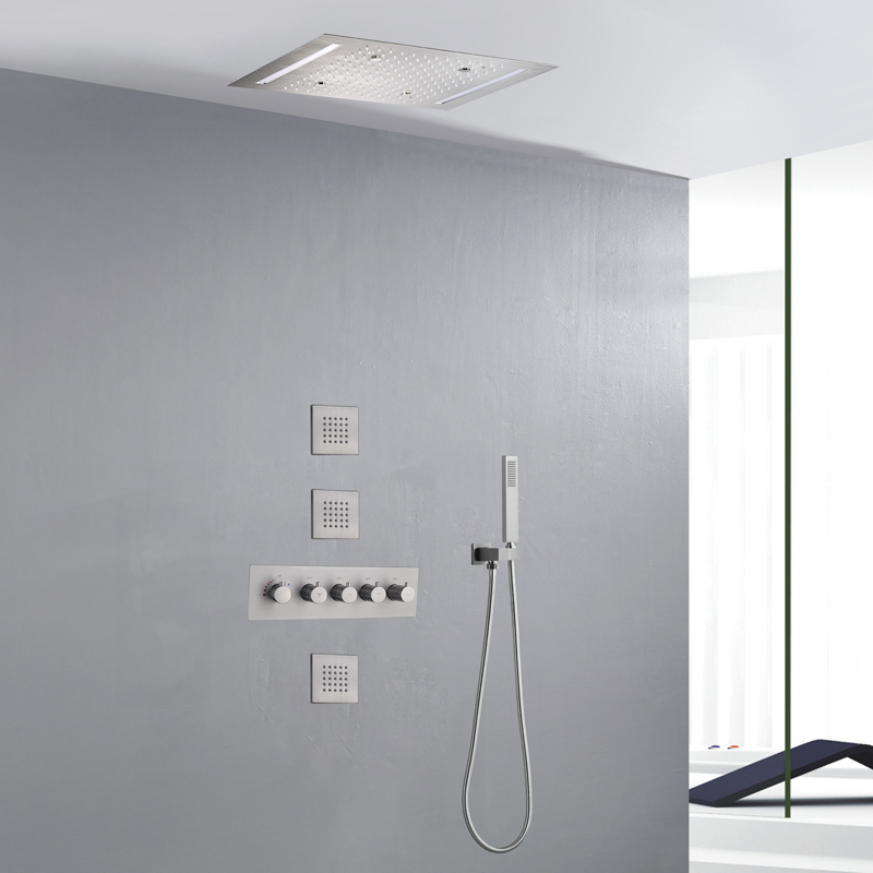 Brushed Rainfall LED Shower System Set 14 X 20 Inch Ceiling Mounted Rectangle Large Bathroom Luxury Shower Head