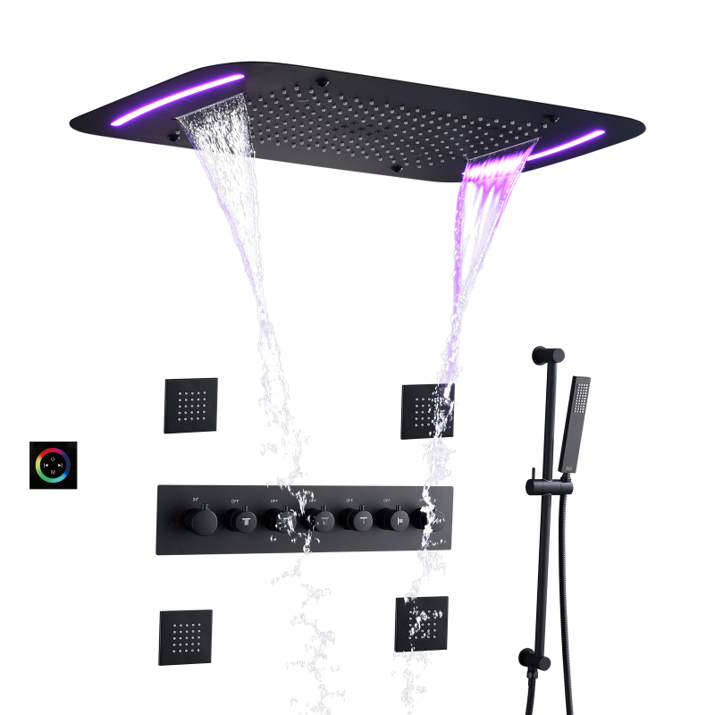 Matte Black LED Thermostatic Concealed Waterfall Rain Shower System Hand Held Jet High Pressure Water Massage