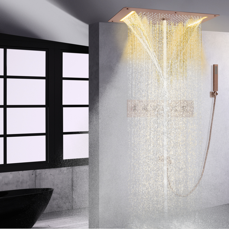 Brown Shower Set Wall-Mounted Bathroom Thermostatic LED Rainfall Waterfall Top Shower With Hand Hold