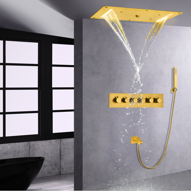 700X380 MM High Flow Thermostatic Brushed Gold Shower System LED Rainfall Waterfall Panel HydroMassage