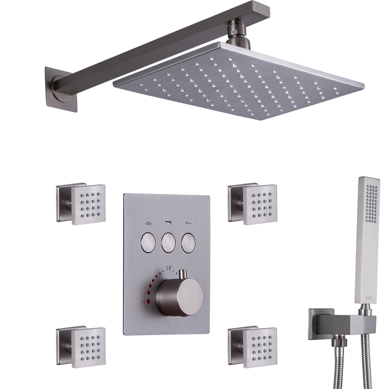 Thermostatic LED Rainfall Shower Mixer Wall Mounted Chrome Polished Shower Head For Bathroom