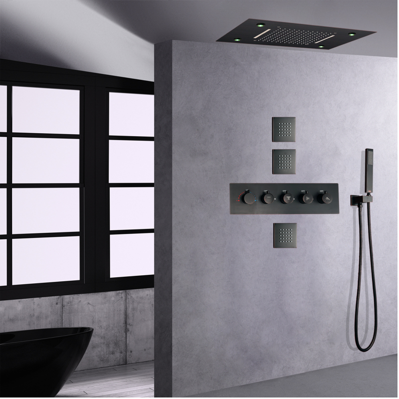 Oil Rubbed Bronze Thermostatic LED Rain Shower System Embed Bathroom Waterfall Rainfall With Hand Hold