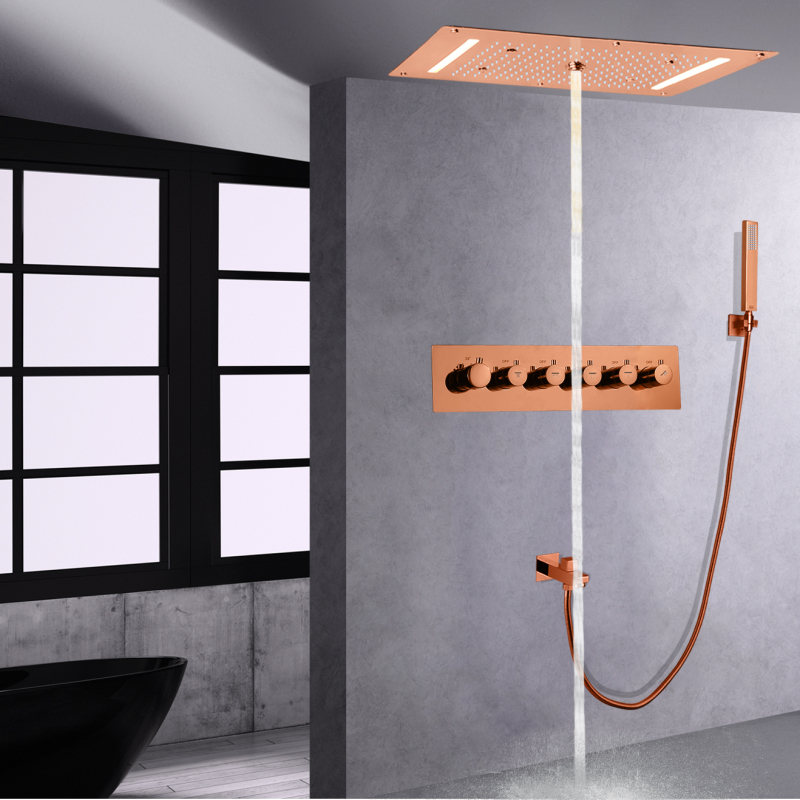 Gold Polished Thermostatic Shower System LED 70X38 CM Bathroom Rain Shower Ceiling Mounted With Handheld Shower Head