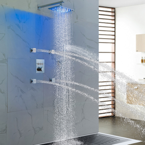 Thermostatic Bathroom Shower Faucet Set Push Button Valve 12X8 Inch Rectangular LED Rain Shower Head Body Message Jets