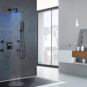 Thermostatic Black Luxury Rain Shower Set Wall Mounted 8 X 12 Inch LED Rainfall Shower Body Showers Combo Set