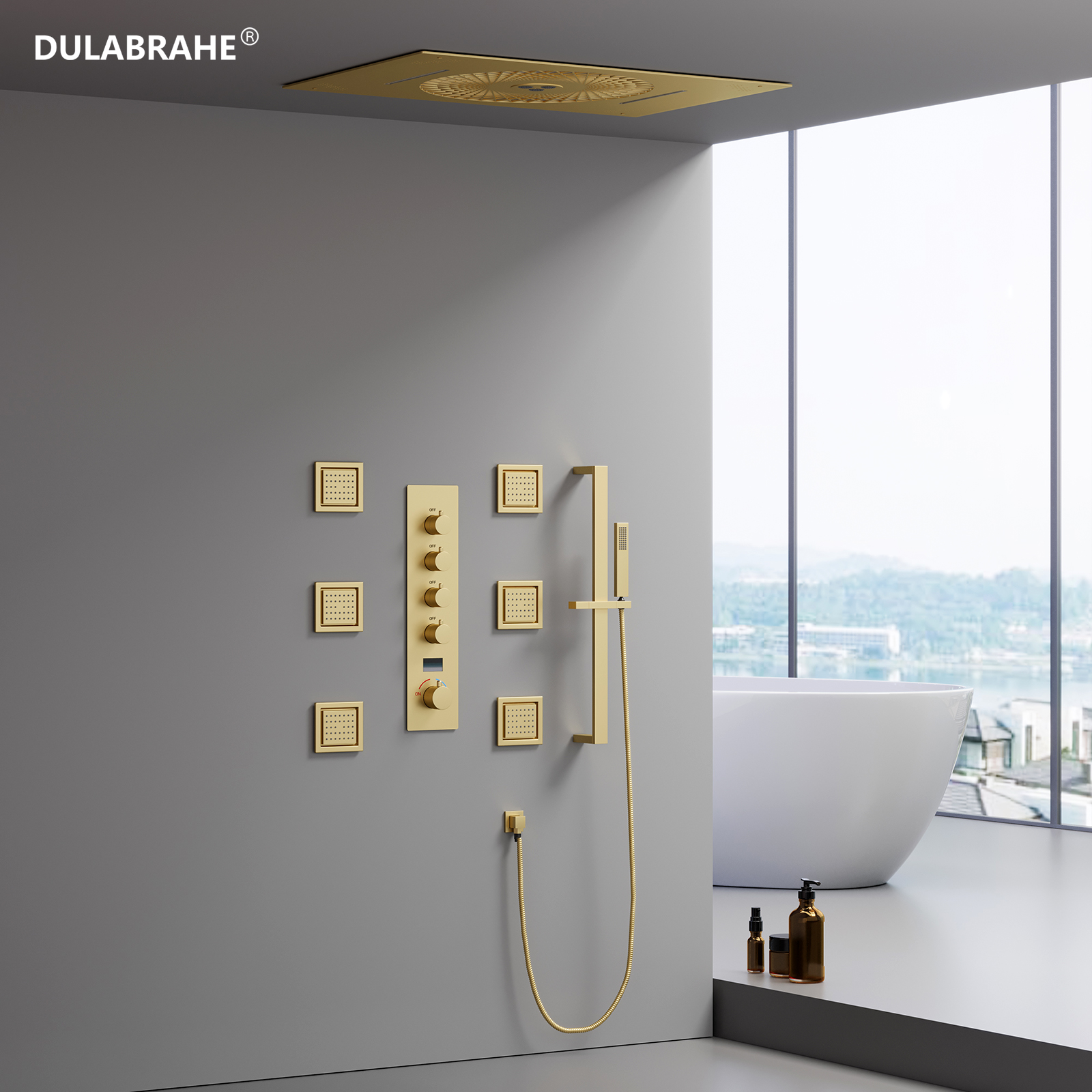 DULABRAHE60x40.5CM Sky City LED Hot & Cold Flow Shower Set System Water Column Waterfall Shower Music Bathtub Set